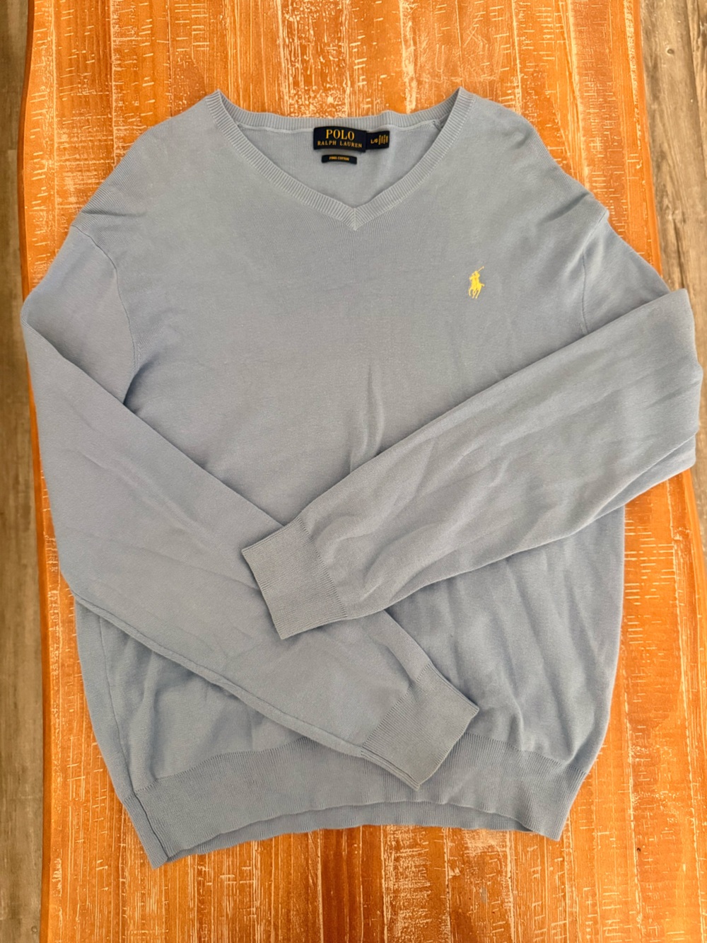 Polo by Ralph Lauren Baby Blue V-Neck Sweater with Yellow Pony SIZE L